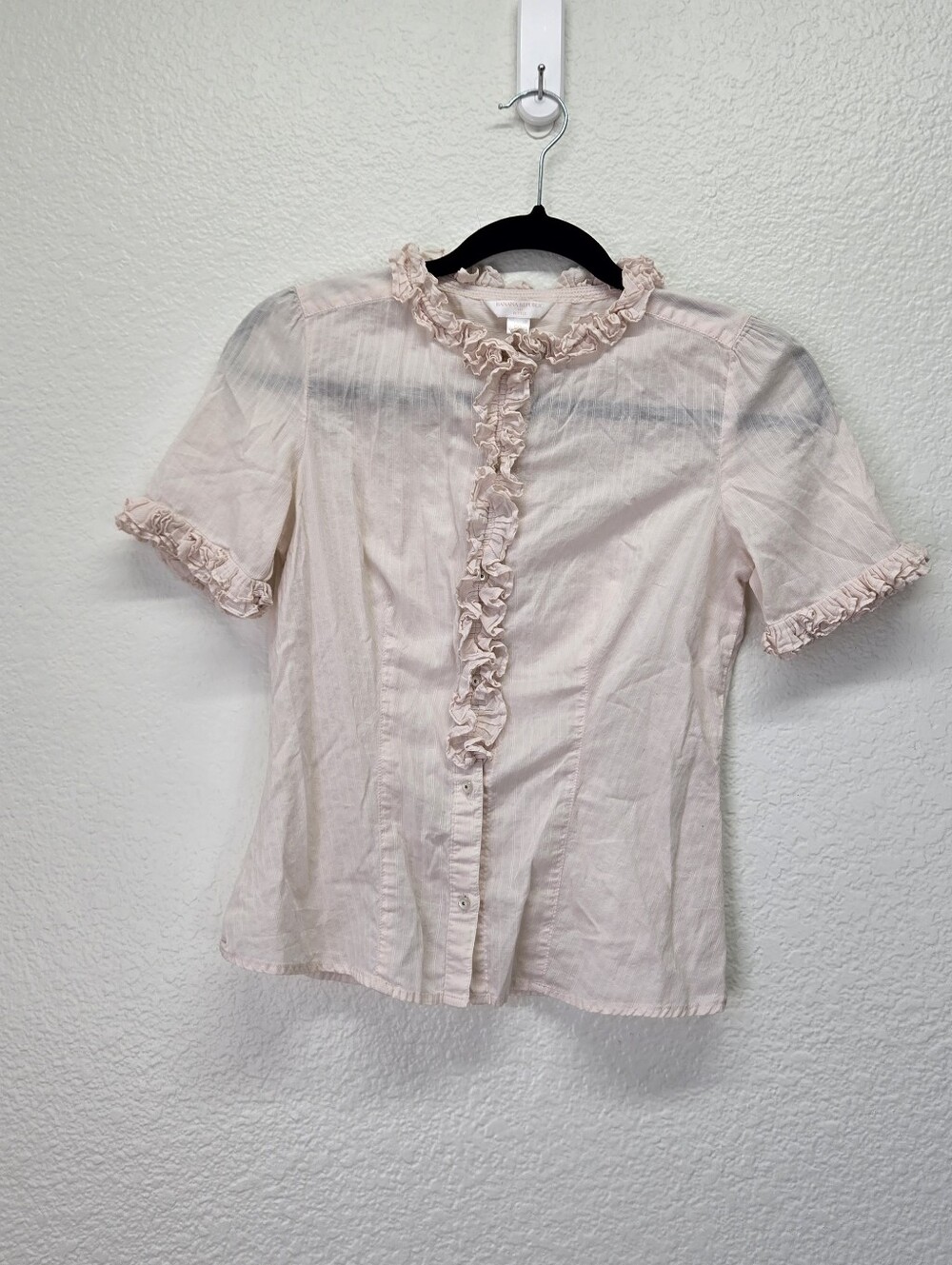 Y2K Banana Republic Pink Sheer Ruffle Blouse Short Sleeve Button Front Top Sz PS
